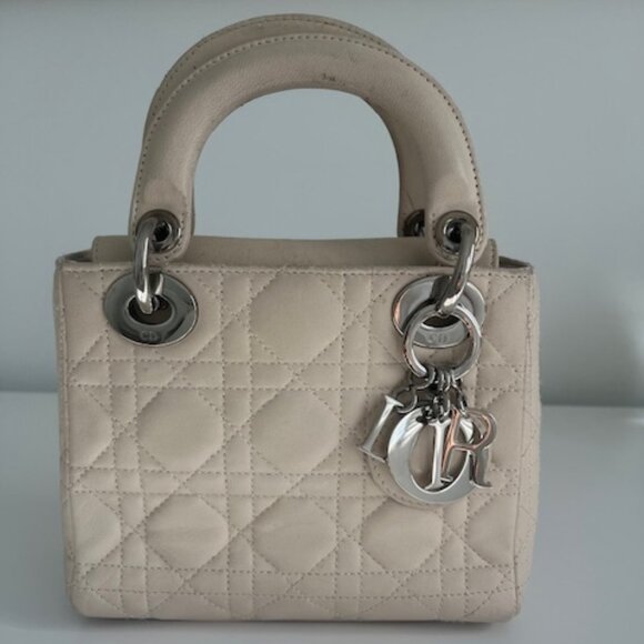 Auth SMALL LADY DIOR Cannage Quilted Leather Bag in LATTE Cream, Silver Hardware - Picture 2 of 15